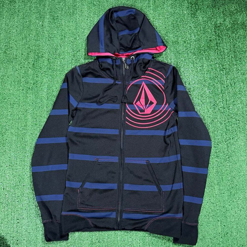Y2K Womens Volcom Striped Zip Up Hoodie Size Small Black Blue Pink